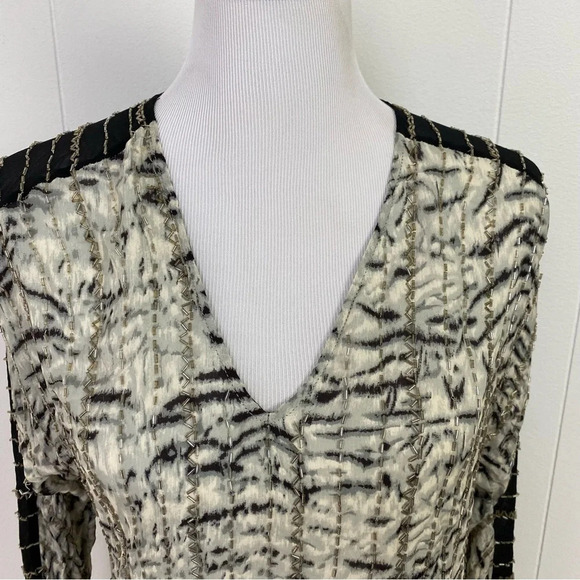 PARKER Animal Print Black Gray Beaded Long Sleeve SILK Sheer Top Women Sz Medium - Picture 3 of 16